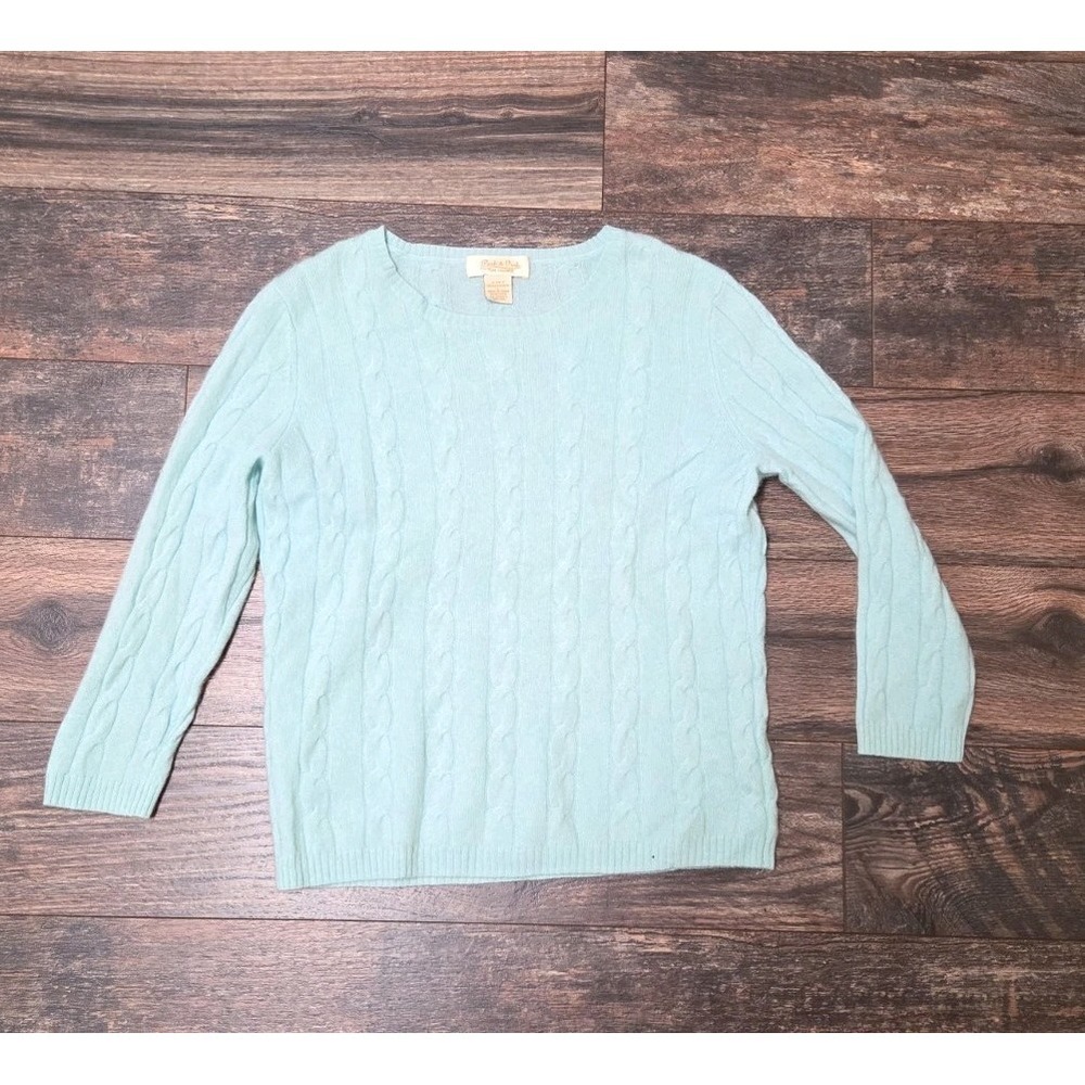 Peck And Peck Pure Cashmere 2 Ply‎ Womens L Light Blue/Aqua  Cable Sweater Vntg